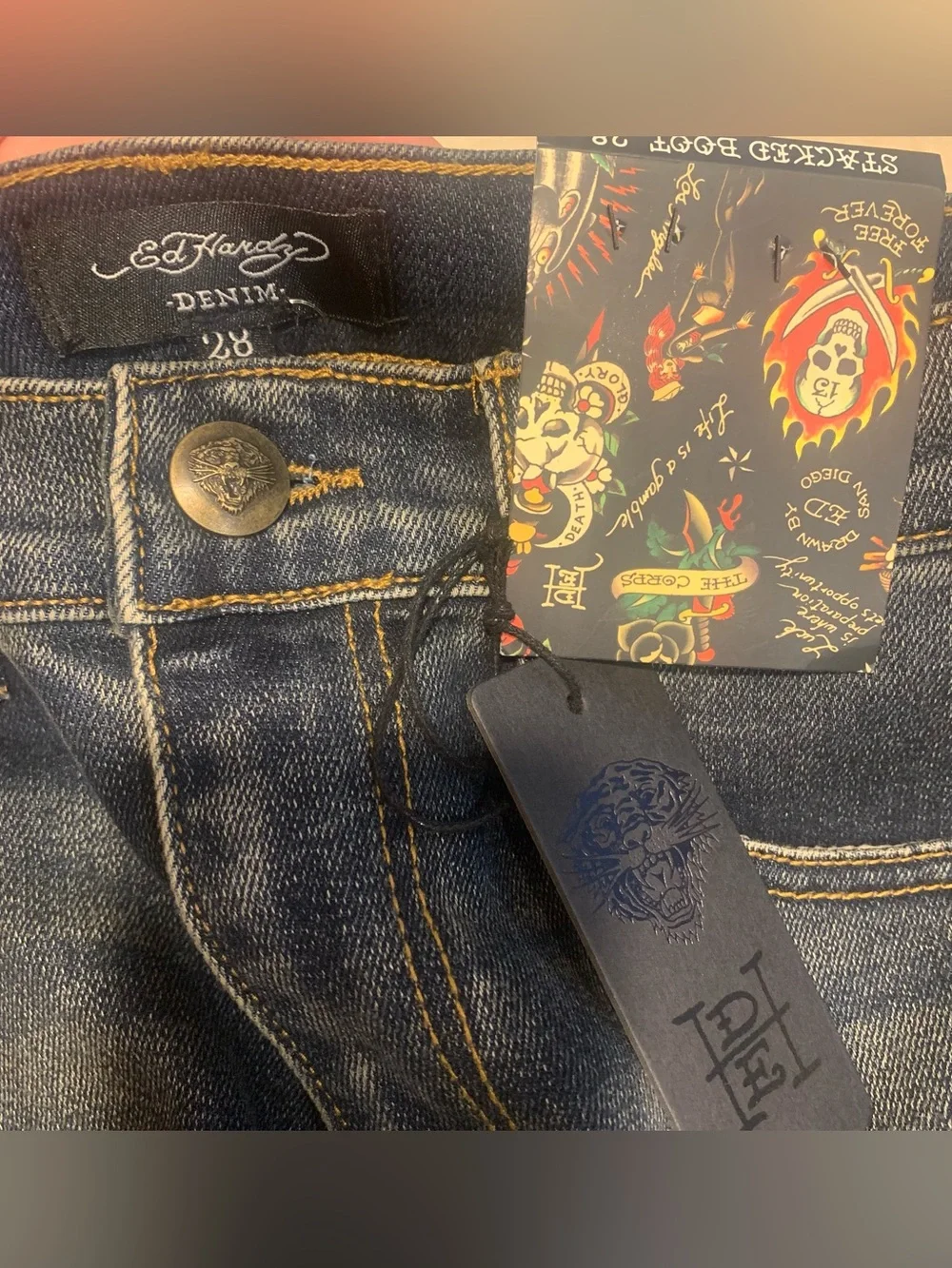 Ed Hardy Denim 5 Pocket Jeans Iconic Tattoo Inspired Panther & Cheetah Size 28